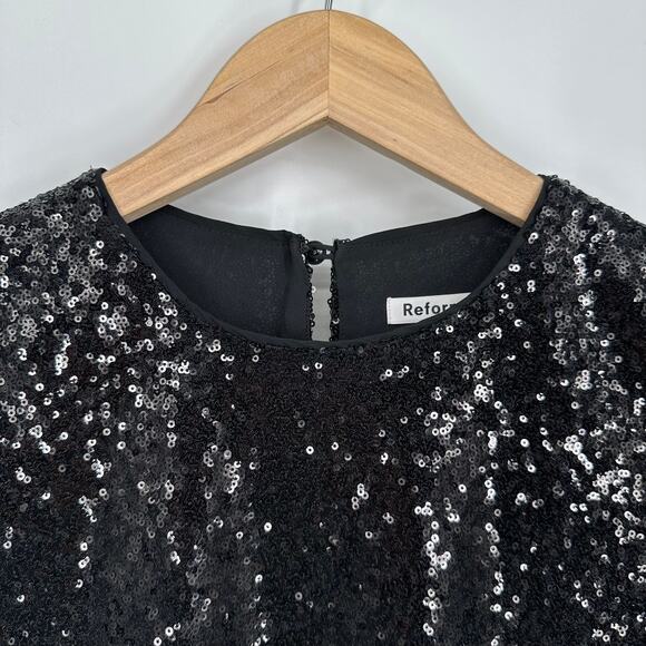 REFORMATION Odeon Sequin Mini Dress Long Sleeve Shimmer Sparkle Black - Picture 9 of 15